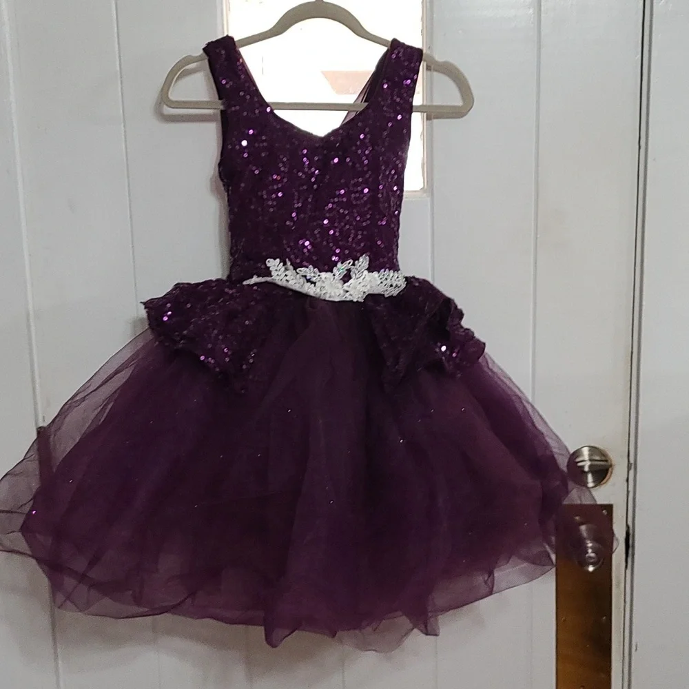 Weissman Dance Costume‎ Girls Purple Sequins Floral Applique Layers Sz LC? EUC